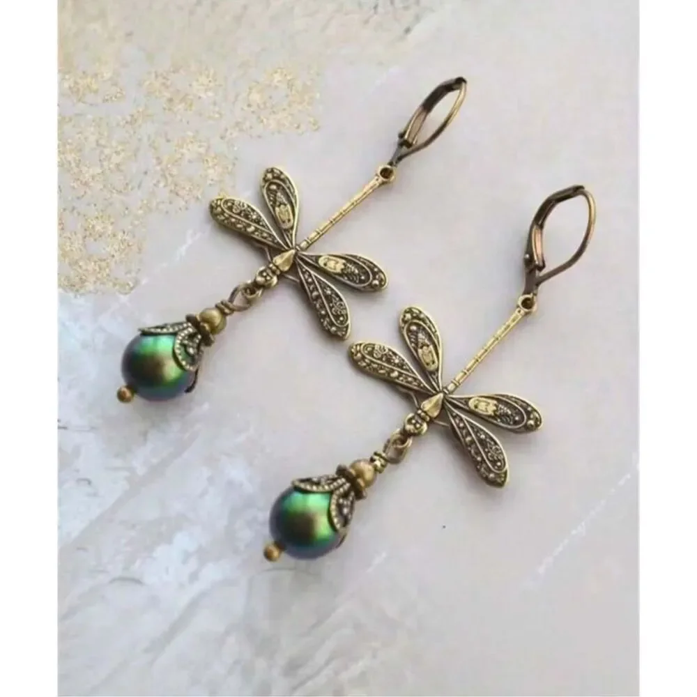 Art Nouveau Dragonfly Drop Earrings
